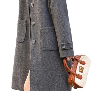 Women's Round neck Single row Breasted Wool Blend Mid Long Pea Trench Coat Wool coat