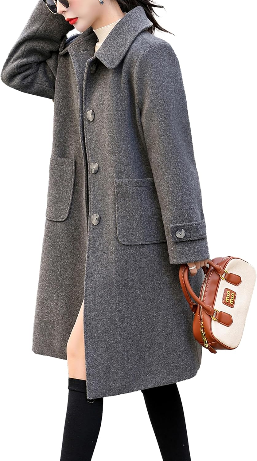 Women's Round neck Single row Breasted Wool Blend Mid Long Pea Trench Coat Wool coat