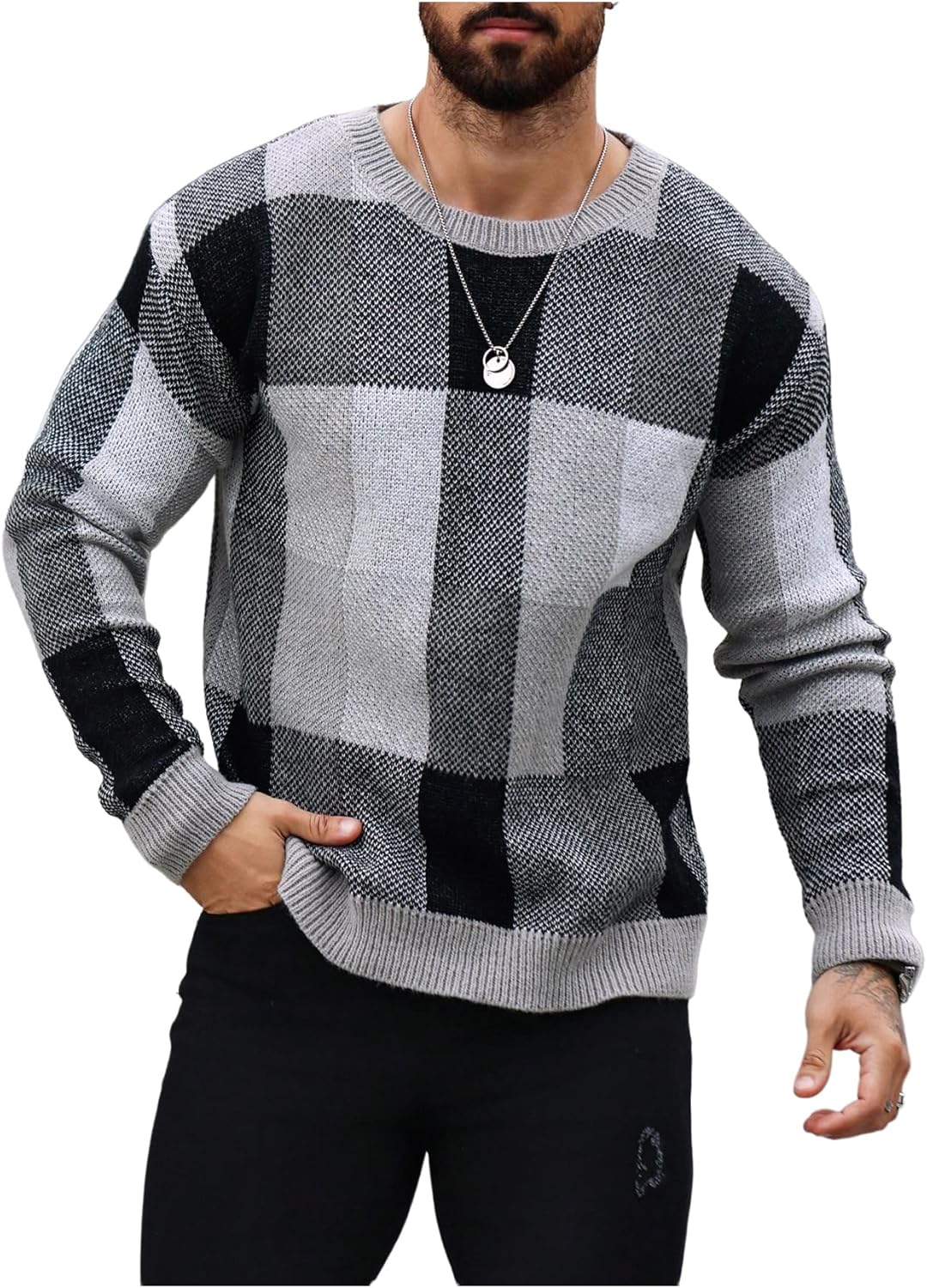 Men's Color Block Plaid Print Long Sleeve Crew Neck Sweater Pullover Tops
