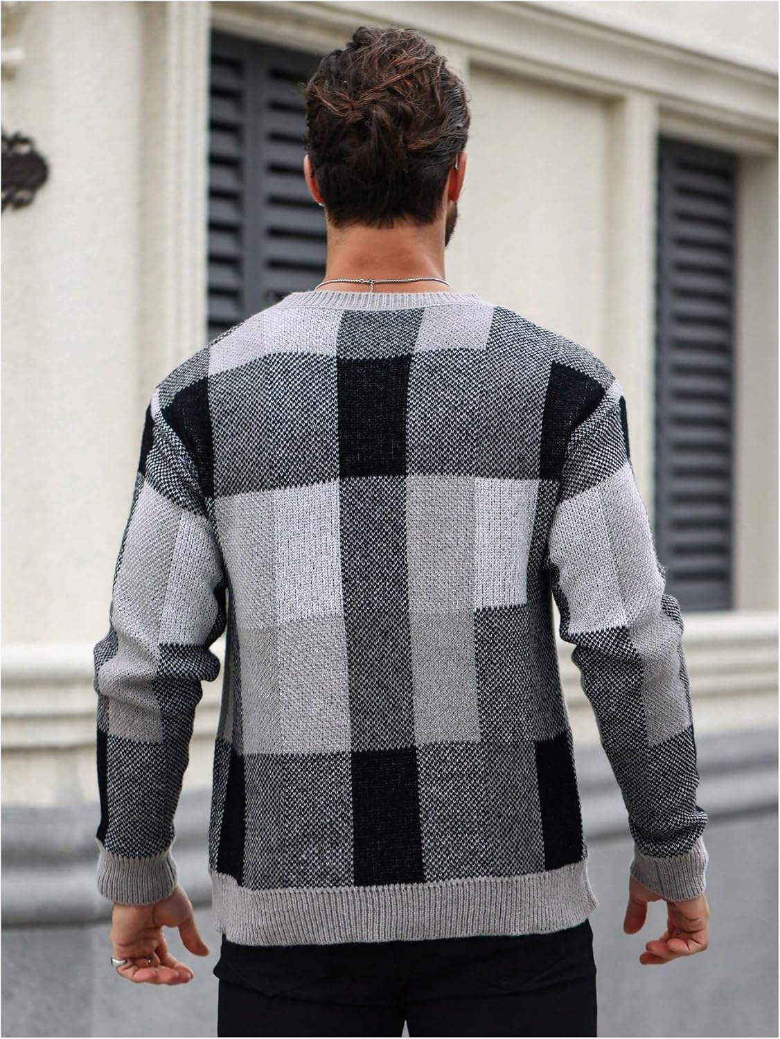 Men's Color Block Plaid Print Long Sleeve Crew Neck Sweater Pullover Tops - Image 2