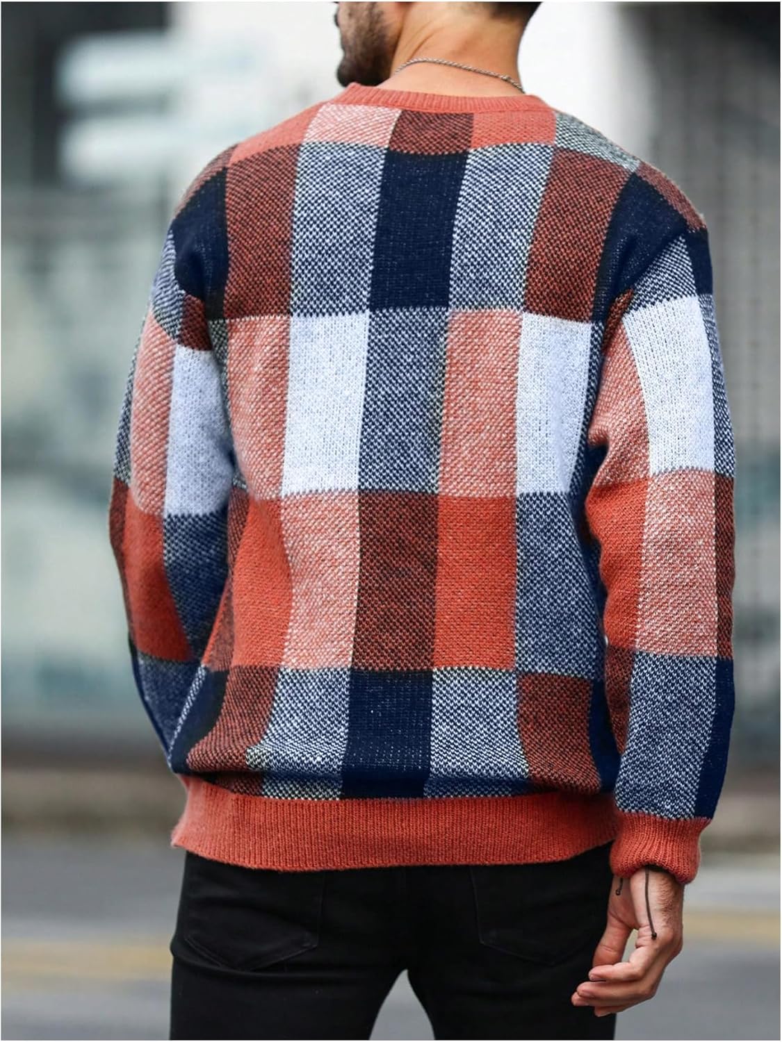 Men's Color Block Plaid Print Long Sleeve Crew Neck Sweater Pullover Tops - Image 2