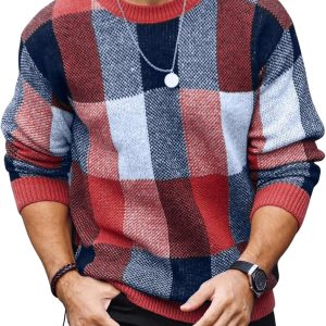 Men's Color Block Plaid Print Long Sleeve Crew Neck Sweater Pullover Tops