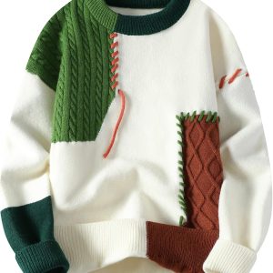 Patchwork Sweater Mens Colorblock Jumper Cable Knitted Pullover Oversized