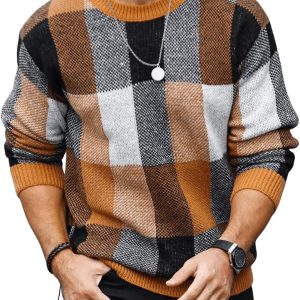 Men's Color Block Plaid Print Long Sleeve Crew Neck Sweater Pullover Tops